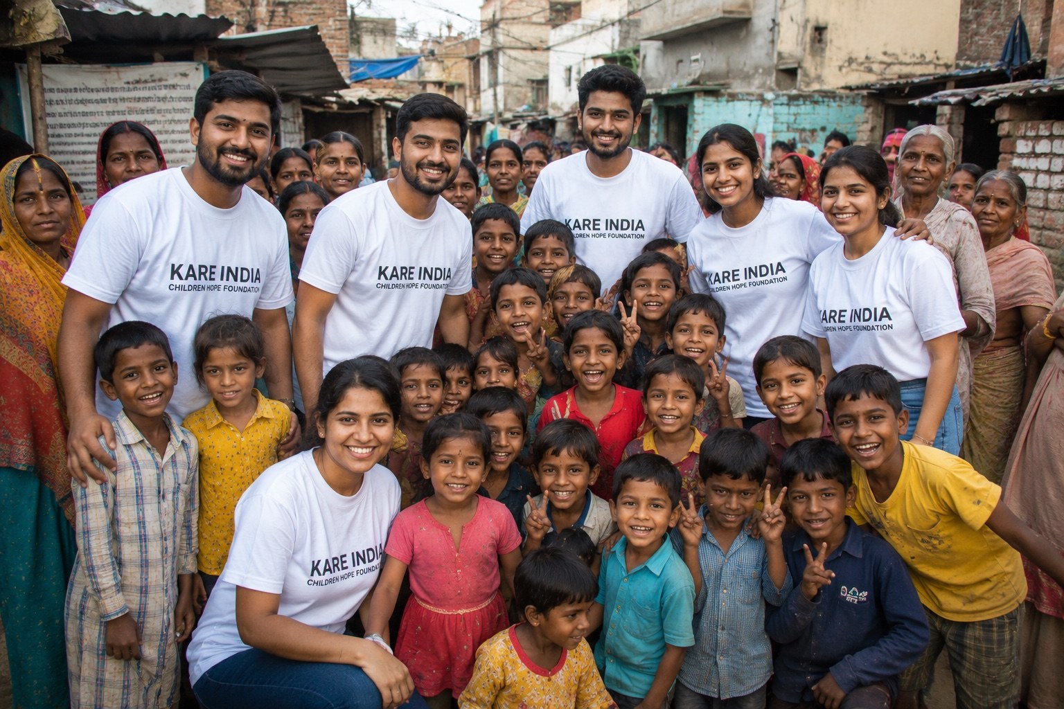 KAREINDIA team members with children and community members during a field visit