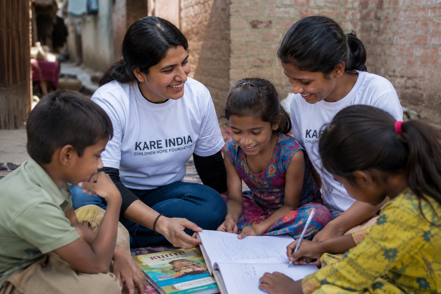 KAREINDIA volunteers helping children with learning in a community area