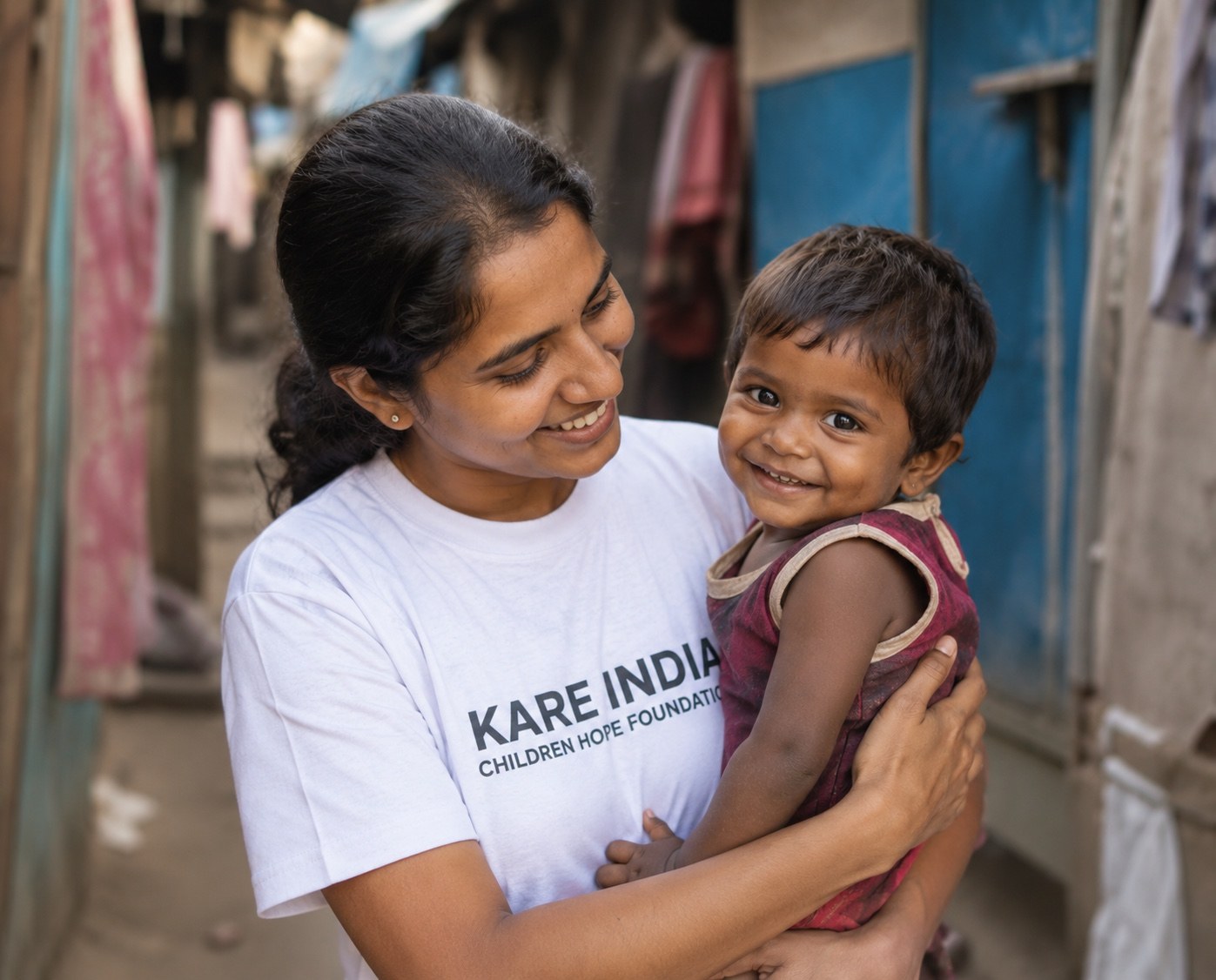 A KAREINDIA team member holding a young child during a field visit