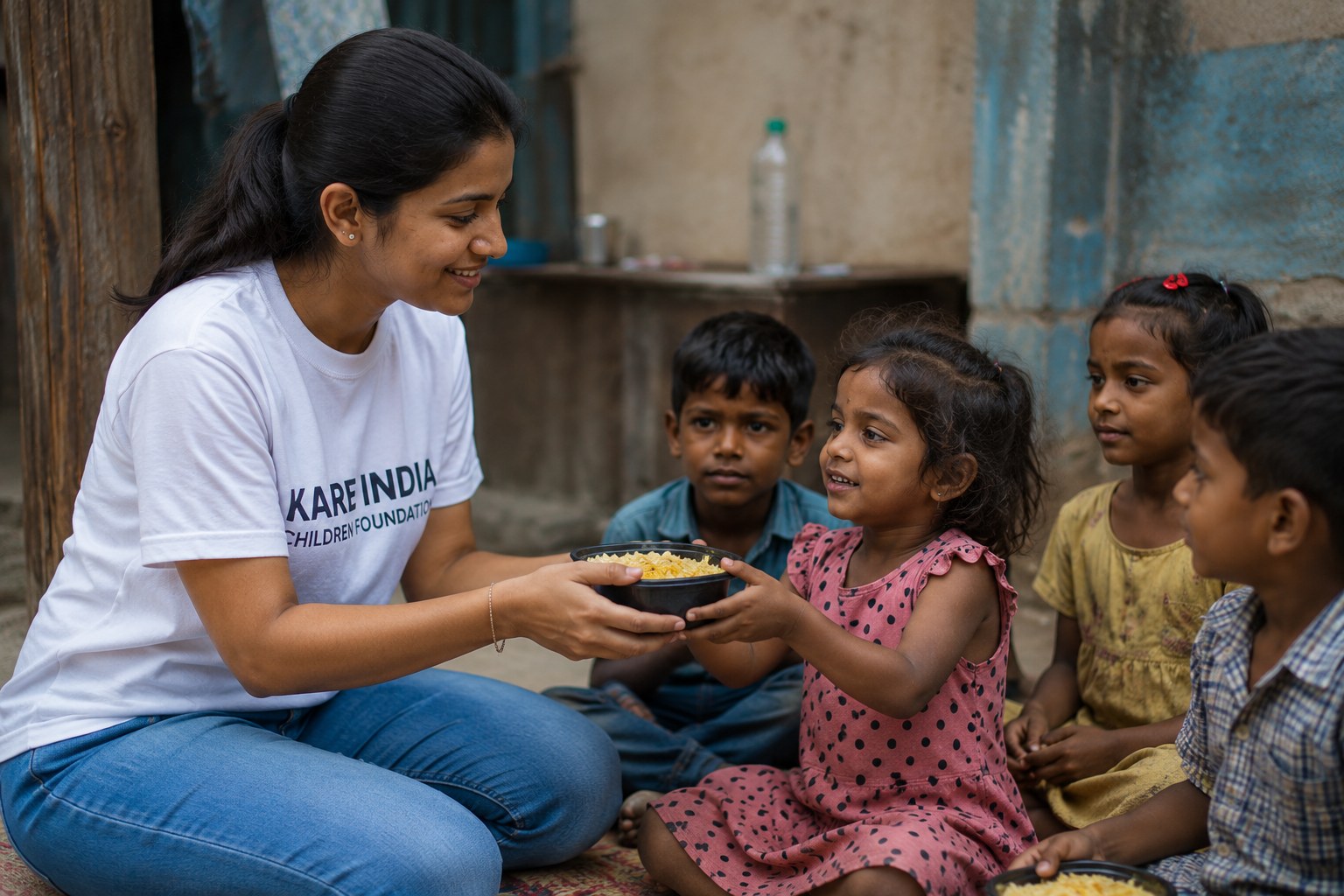 KAREINDIA team member supporting children with food during field work